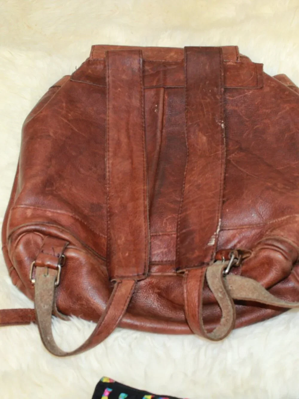 Vintage Brown Smooth Leather Drawstring Flap Close Unlined Rucksack Backpack